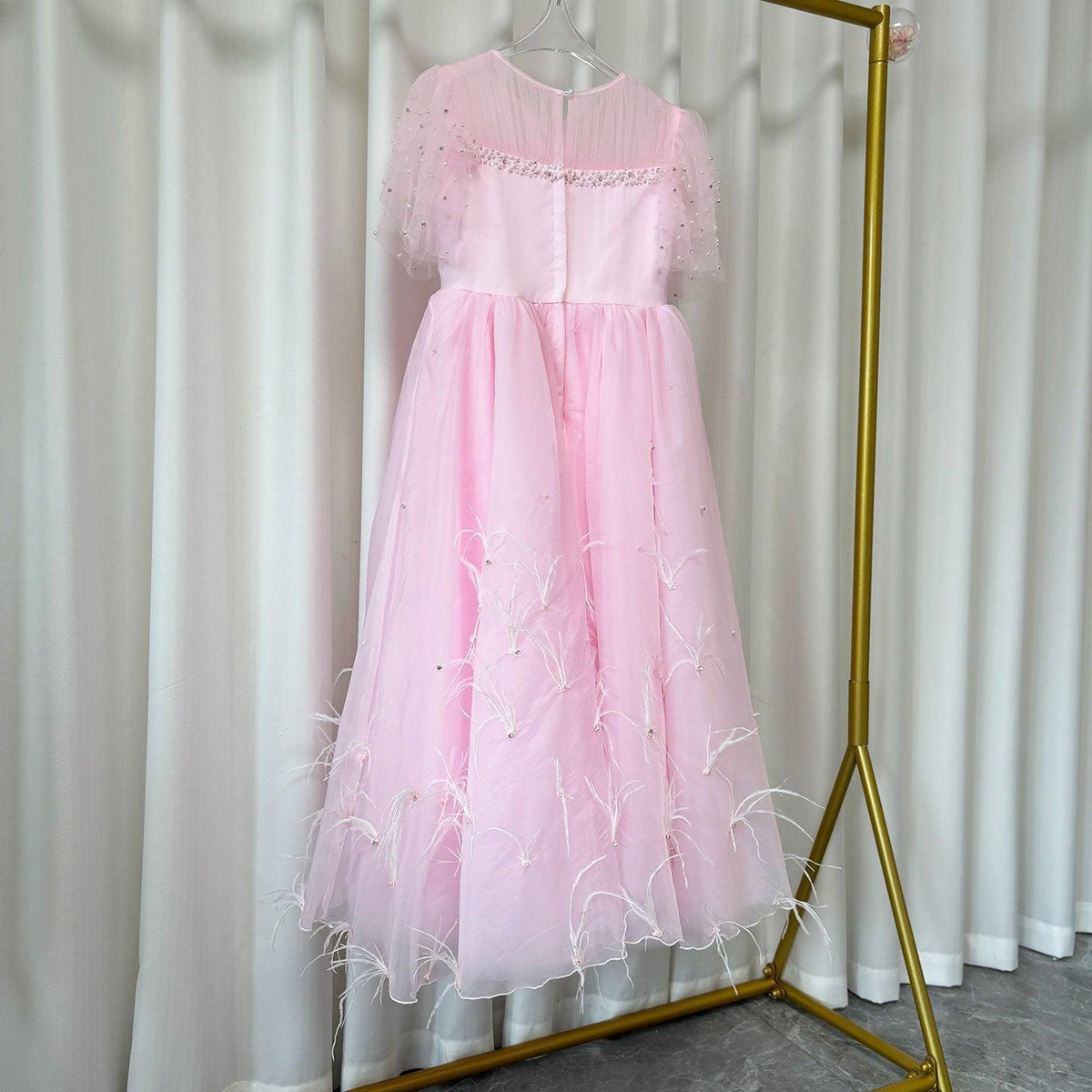 Jill Wish Luxury Blush Pink Girl Dress Feathers Beaded Princess J391