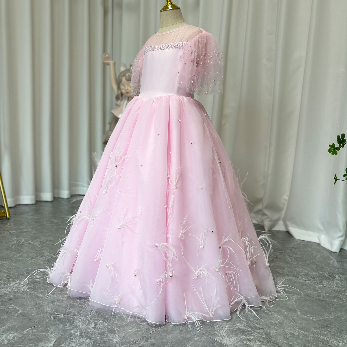 Jill Wish Luxury Blush Pink Girl Dress Feathers Beaded Princess J391