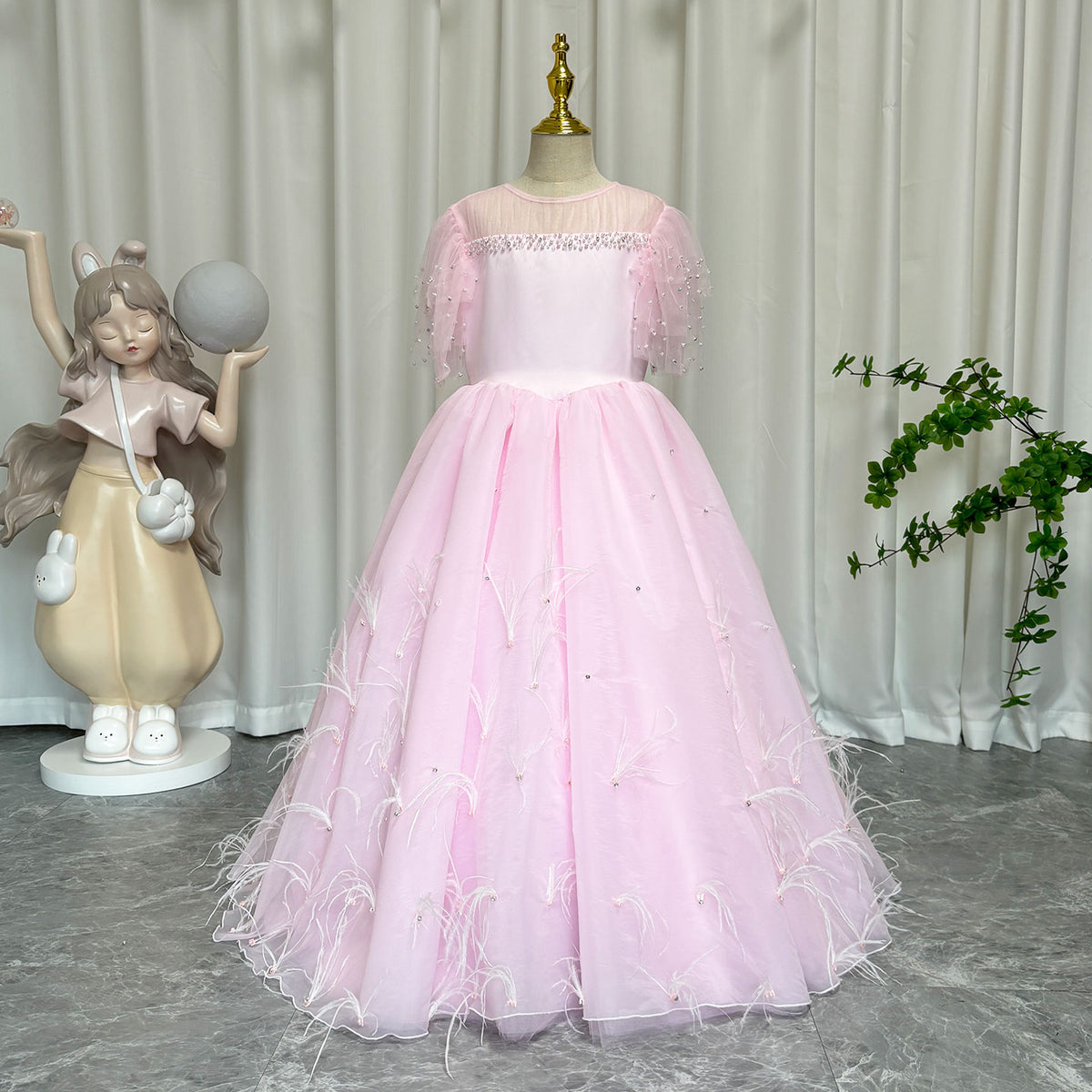 Jill Wish Luxury Blush Pink Girl Dress Feathers Beaded Princess J391