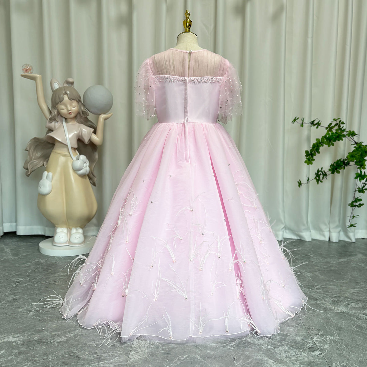 Jill Wish Luxury Blush Pink Girl Dress Feathers Beaded Princess J391