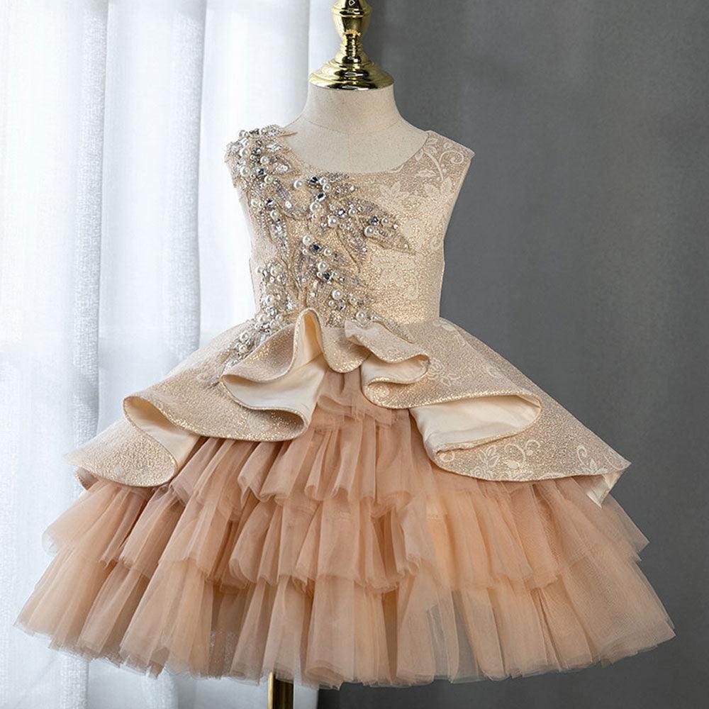 Jill Wish Luxury Champagne Flower Girl Dress Ruffles Pearls Beading J403