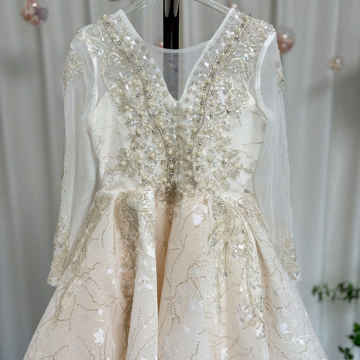 Jill Wish Luxury Champagne Girl Dress Beaded Pearls Dubai Kids Princess J046