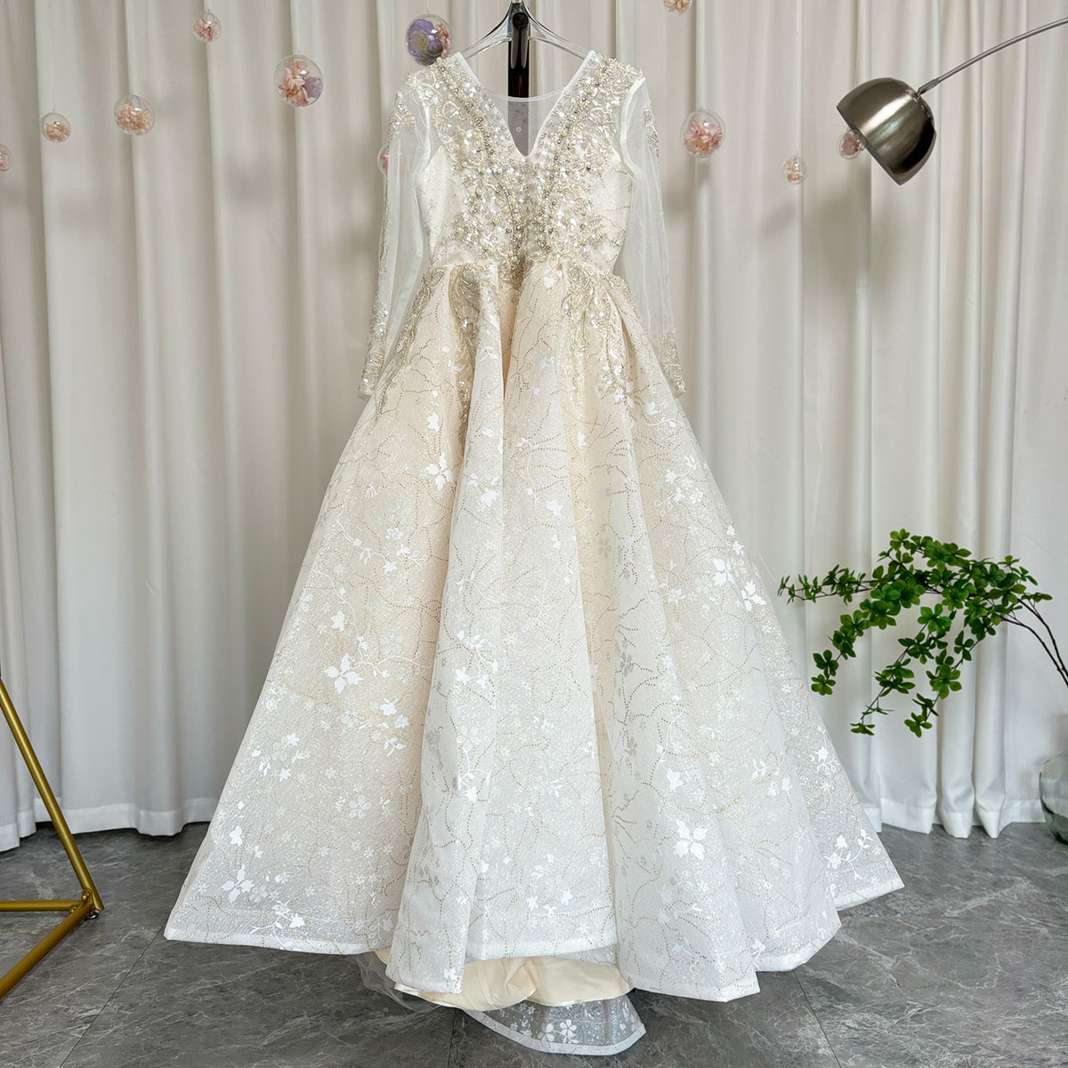 Jill Wish Luxury Champagne Girl Dress Beaded Pearls Dubai Kids Princess J046