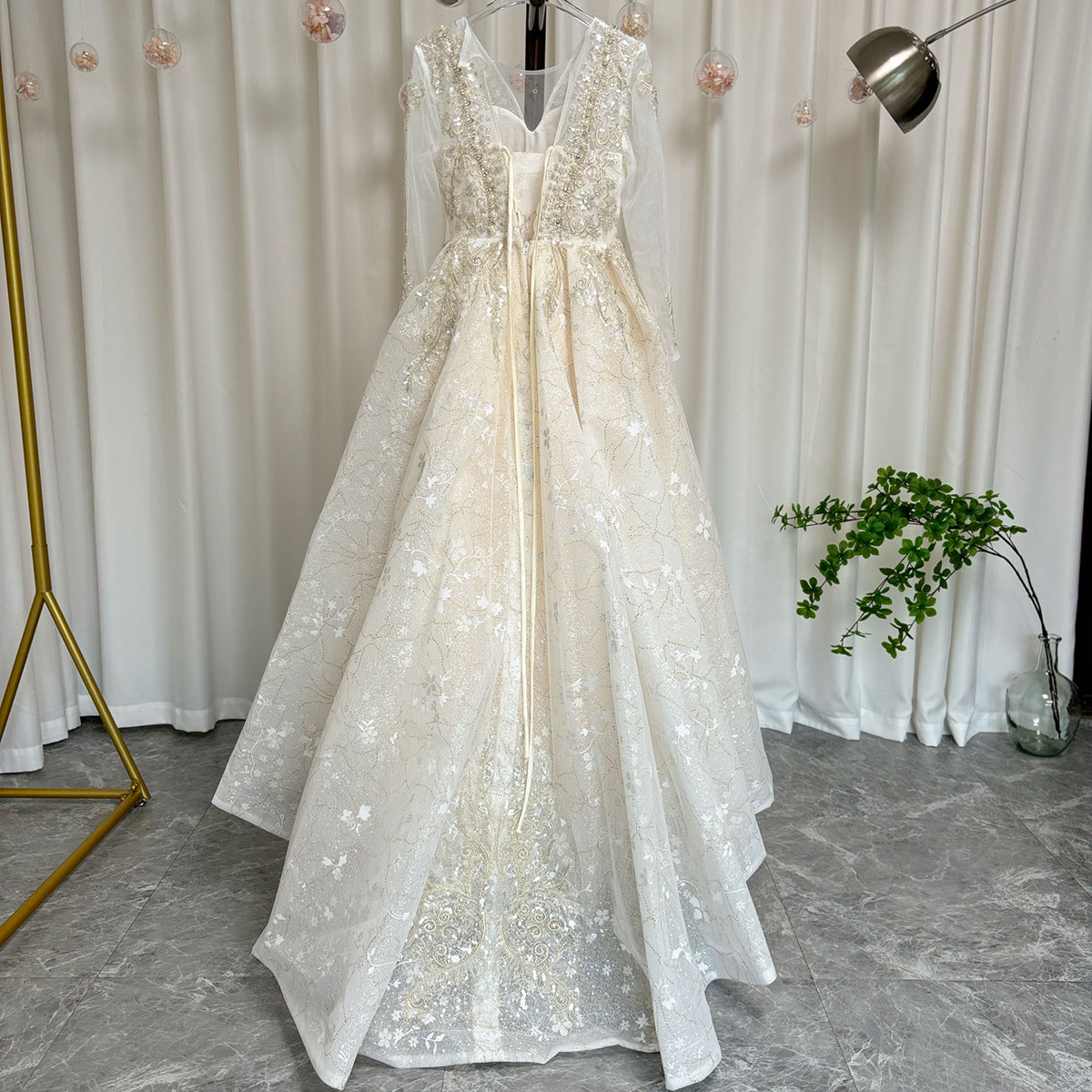 Jill Wish Luxury Champagne Girl Dress Beaded Pearls Dubai Kids Princess J046
