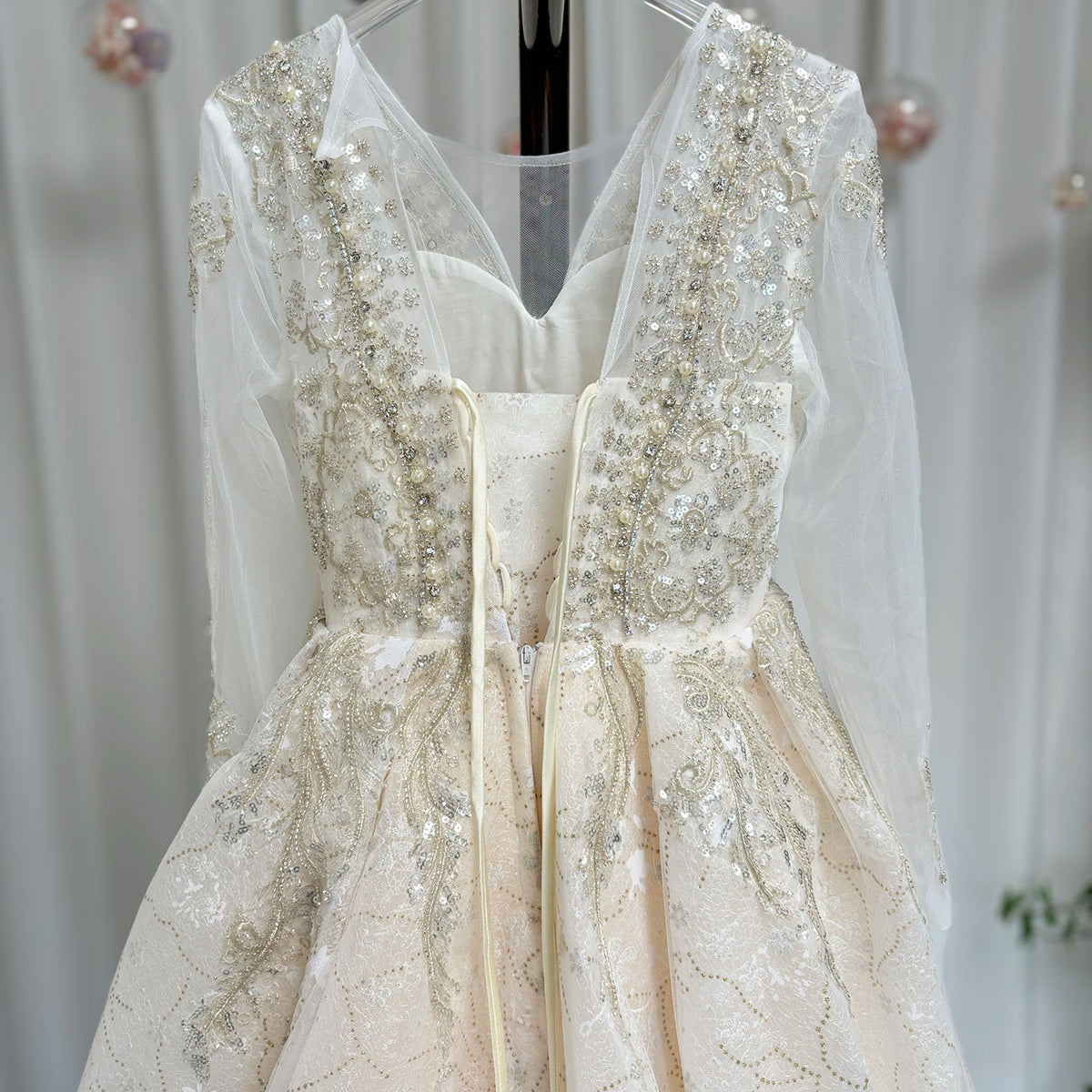 Jill Wish Luxury Champagne Girl Dress Beaded Pearls Dubai Kids Princess J046