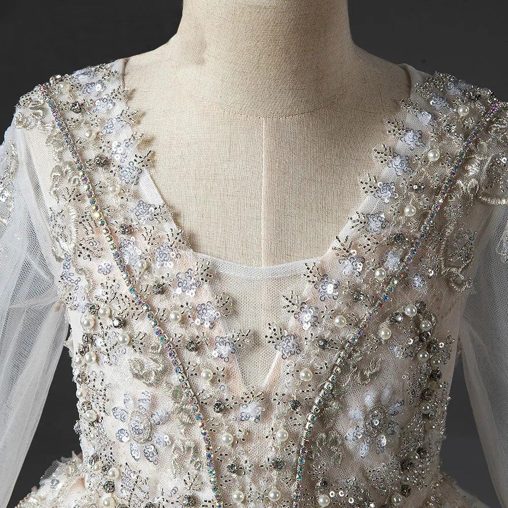 Jill Wish Luxury Champagne Girl Dress Beaded Pearls Dubai Kids Princess J046