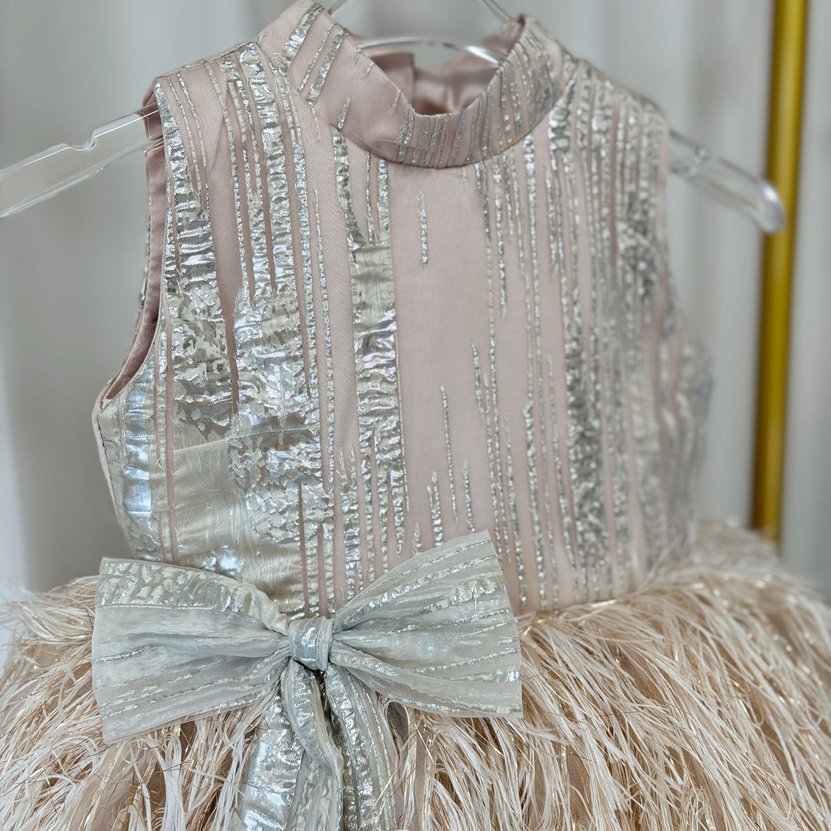 Jill Wish Luxury Champagne Girl Dress Feathers Dubai Kids Pink J323