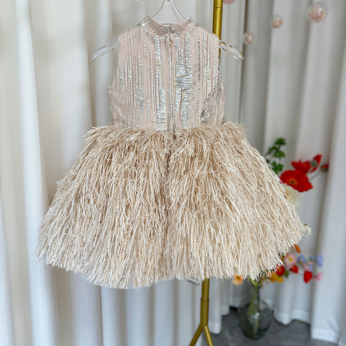 Jill Wish Luxury Champagne Girl Dress Feathers Dubai Kids Pink J323