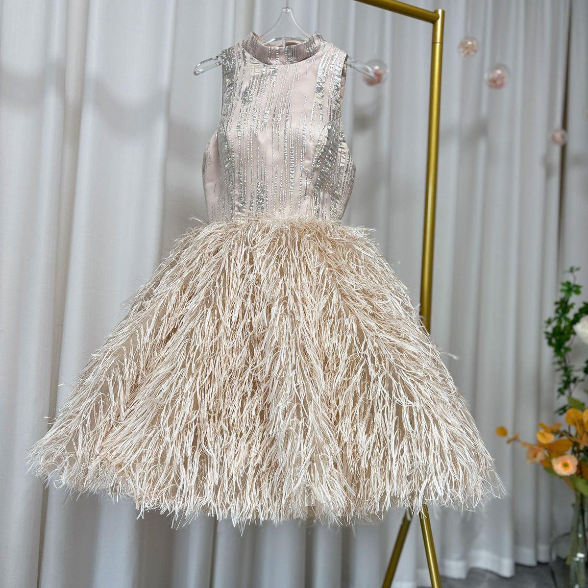 Jill Wish Luxury Champagne Girl Dress Feathers Dubai Kids Pink J323