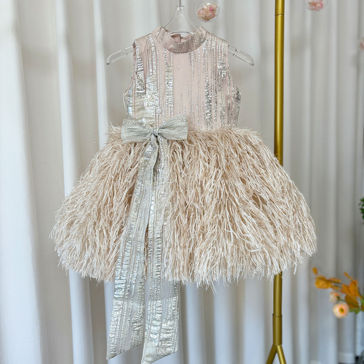 Jill Wish Luxury Champagne Girl Dress Feathers Dubai Kids Pink J323