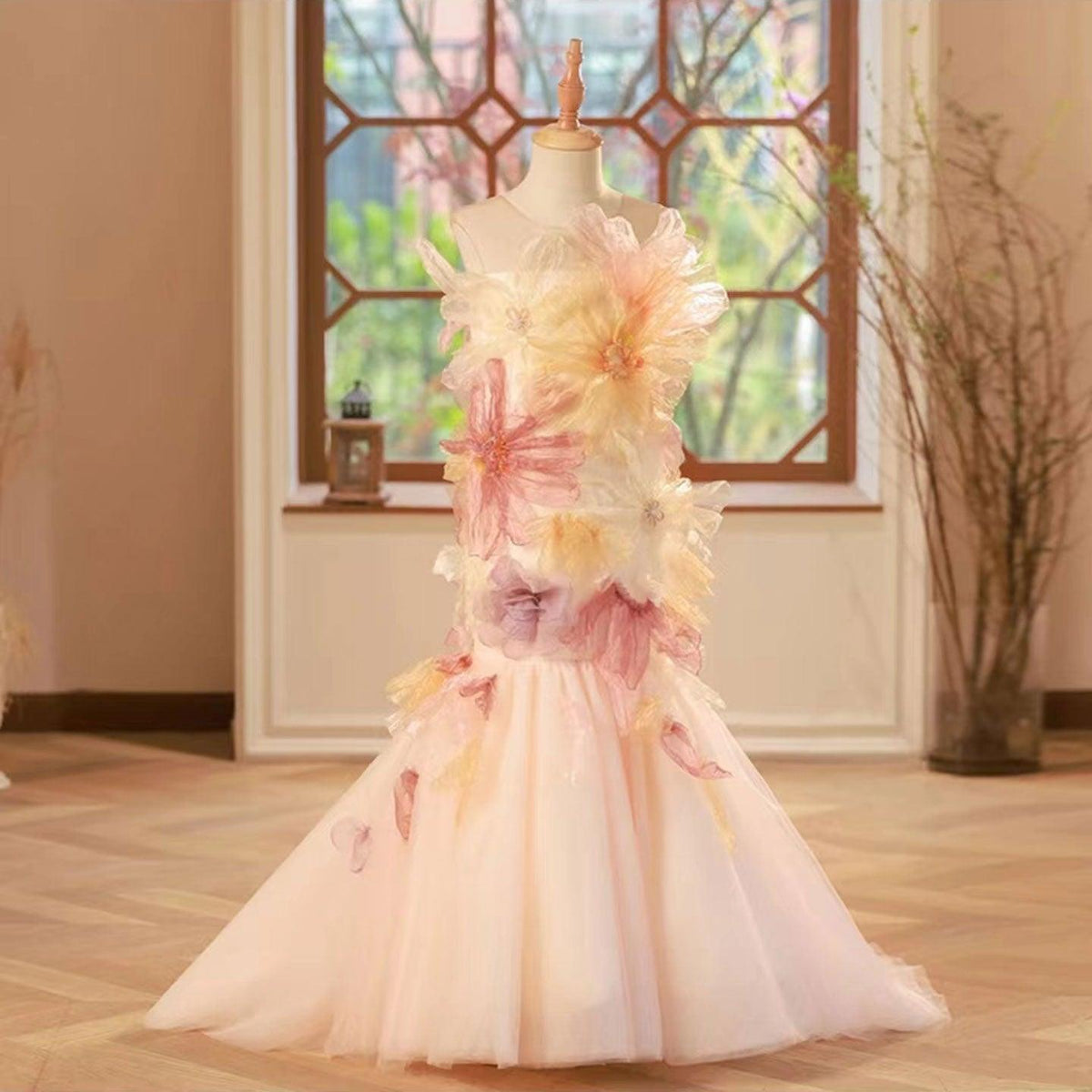 Jill Wish Luxury Colorful Girl Dress Handmade Flowers Kids Princess J001
