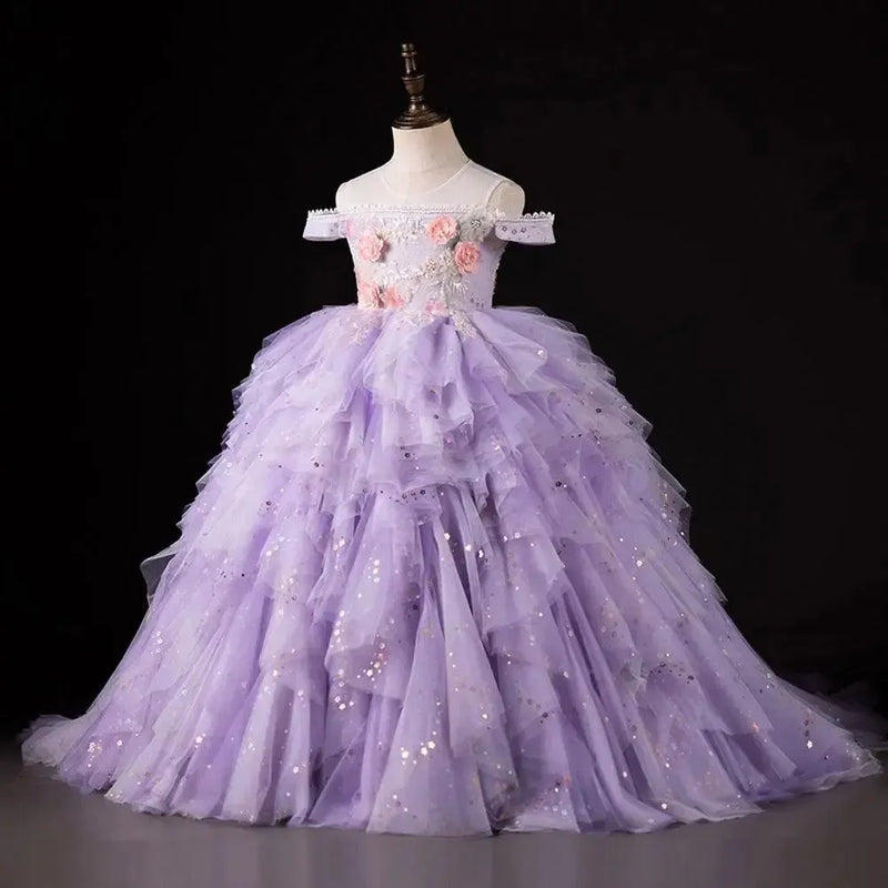 Jill Wish Luxury Dubai Lilac Flower Girl Dress Pearls Princess Kids J230