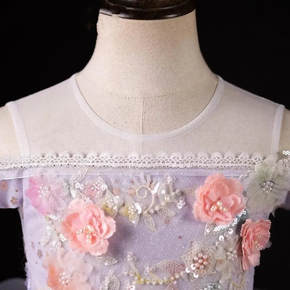 Jill Wish Luxury Dubai Lilac Flower Girl Dress Pearls Princess Kids J230