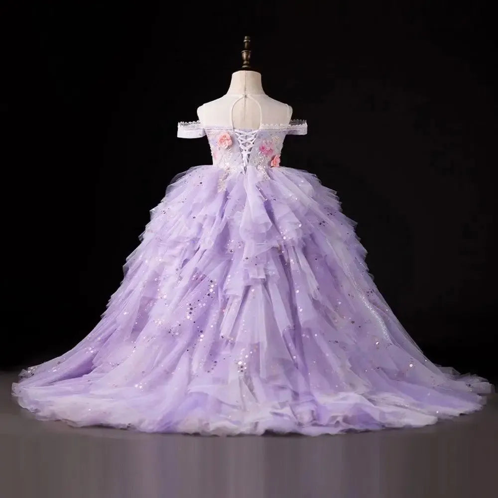 Jill Wish Luxury Dubai Lilac Flower Girl Dress Pearls Princess Kids J230