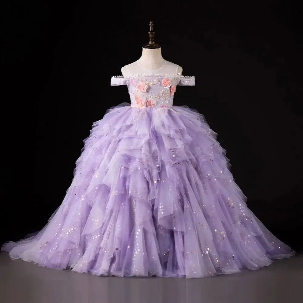 Jill Wish Luxury Dubai Lilac Flower Girl Dress Pearls Princess Kids J230