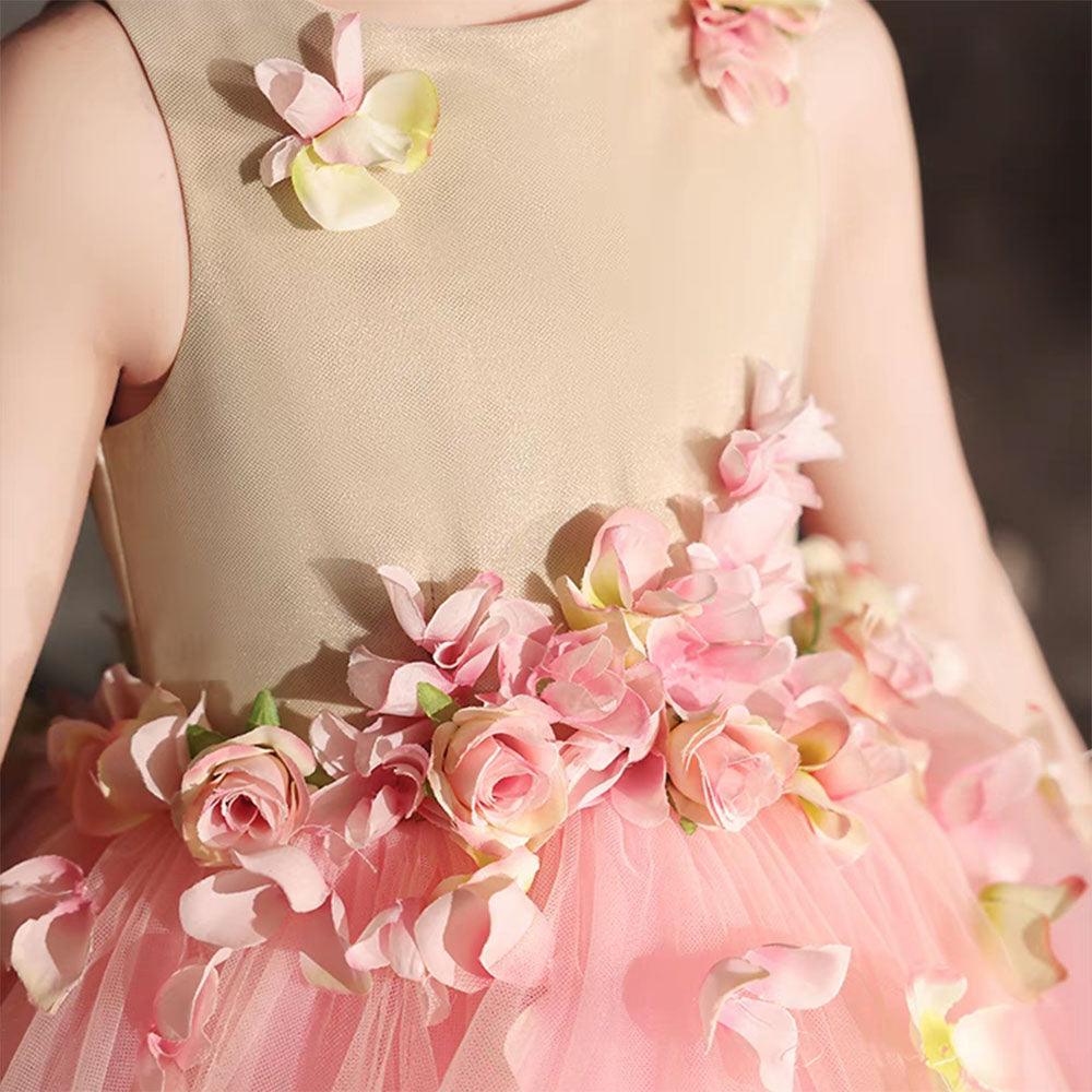 Jill Wish Luxury Dubai Pink Girl Dress 3D Flowers Sleeveless Ball Gown J349