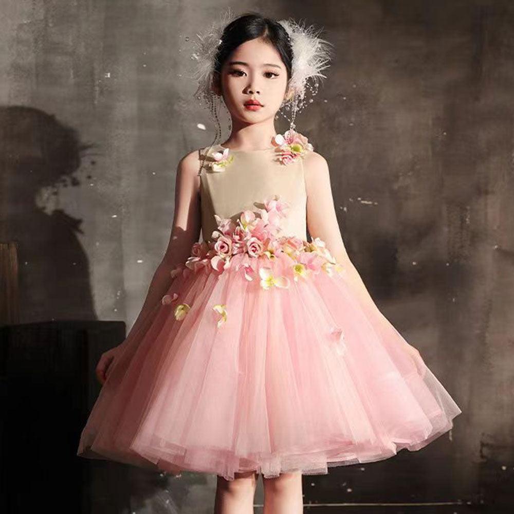 Jill Wish Luxury Dubai Pink Girl Dress 3D Flowers Sleeveless Ball Gown J349