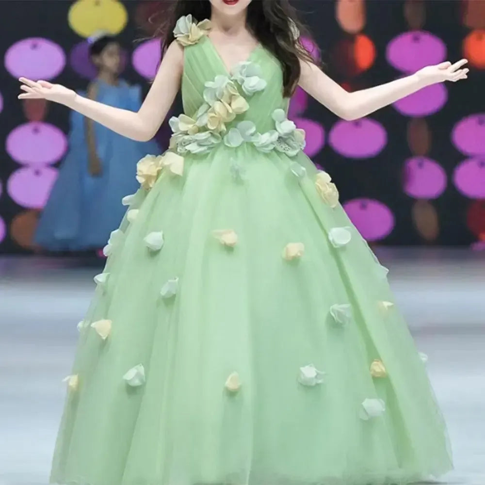 Jill Wish Luxury Dubai Sage Green Girl Dresses with Handmade Flowers Princess J059