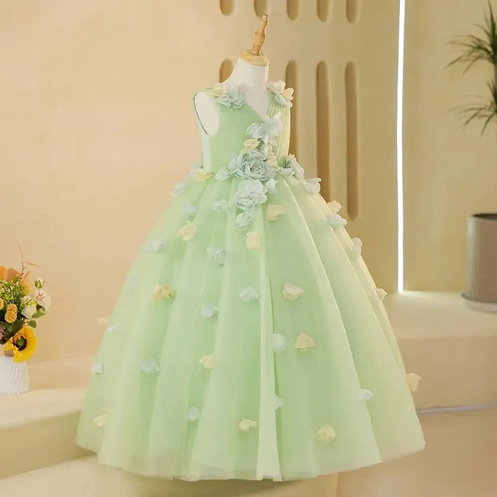 Jill Wish Luxury Dubai Sage Green Girl Dresses with Handmade Flowers Princess J059