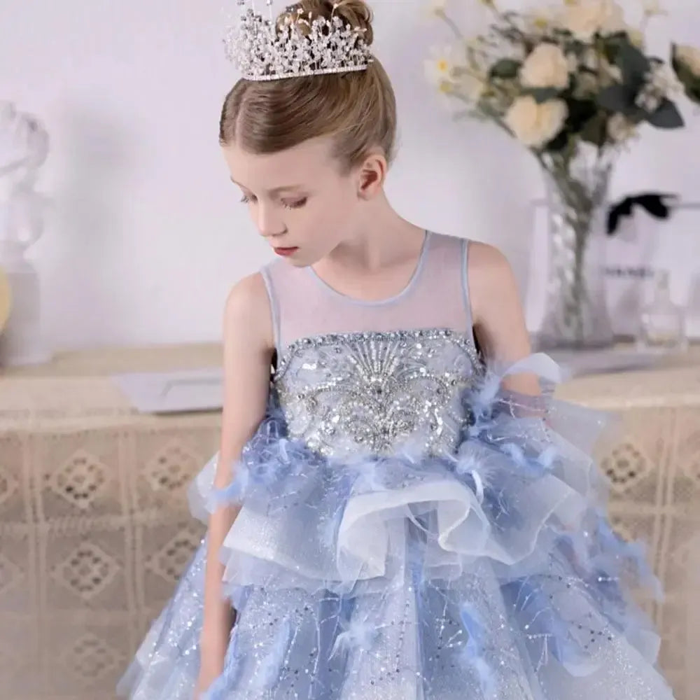 Jill Wish Luxury Dubai Sky Blue Flower Girl Dresses Beading Feathers Tiered J134