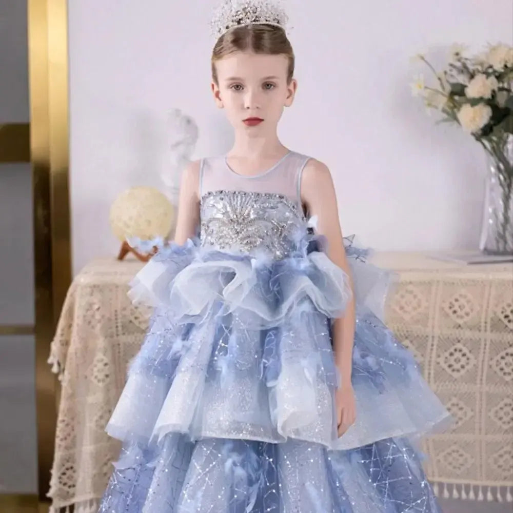 Jill Wish Luxury Dubai Sky Blue Flower Girl Dresses Beading Feathers Tiered J134