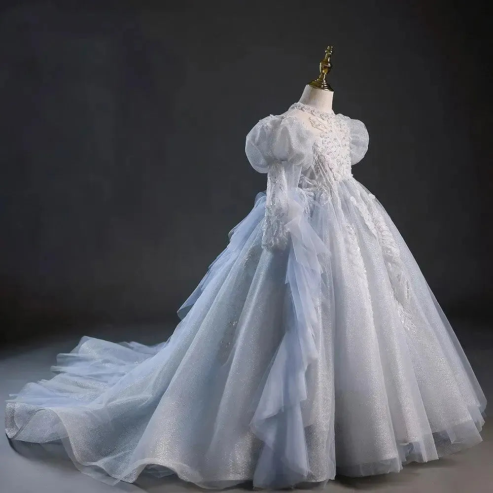 Jill Wish Luxury Dubai Sky Blue Flower Girl Dresses Beading Princess J044