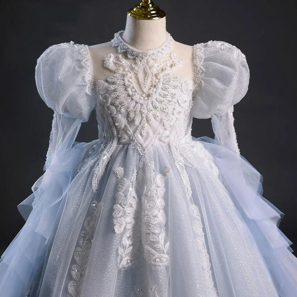 Jill Wish Luxury Dubai Sky Blue Flower Girl Dresses Beading Princess J044