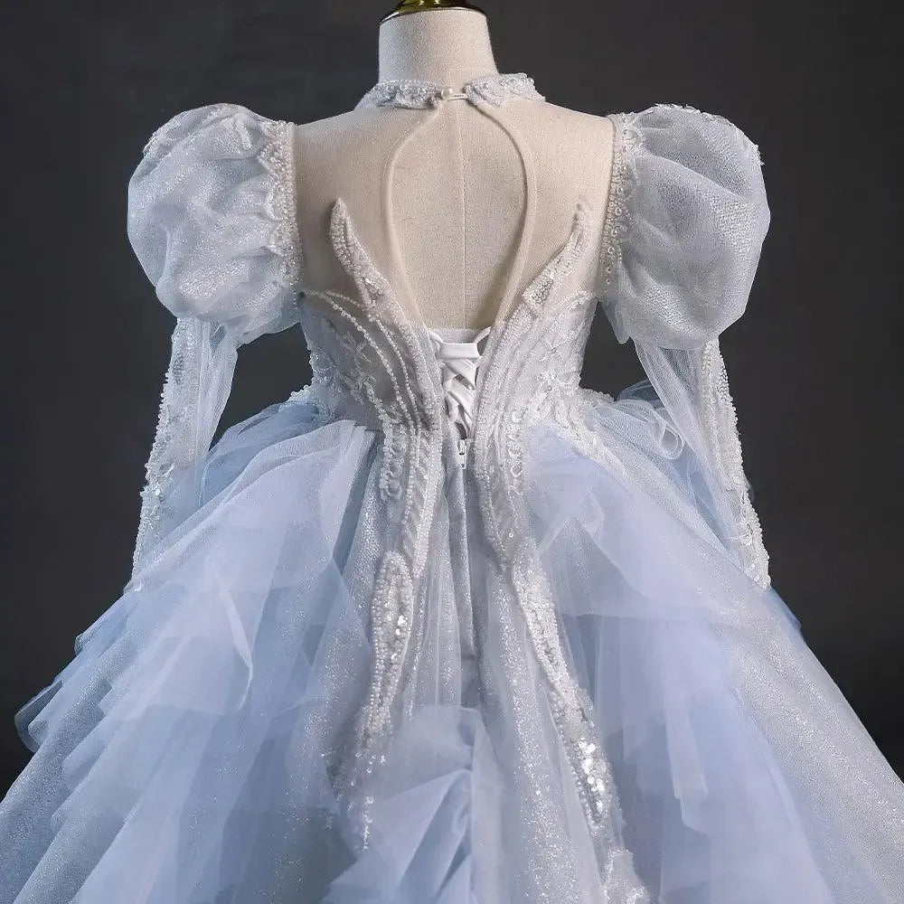 Jill Wish Luxury Dubai Sky Blue Flower Girl Dresses Beading Princess J044
