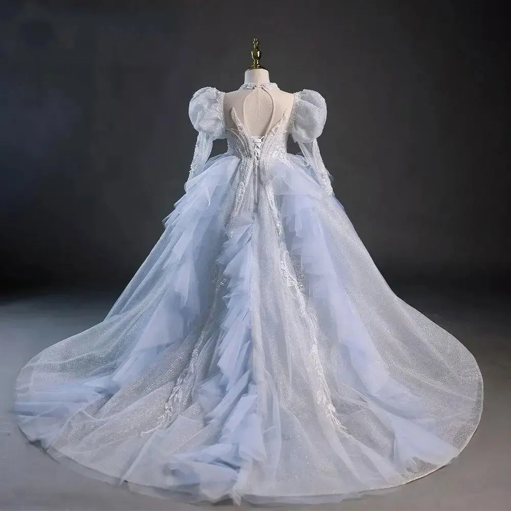 Jill Wish Luxury Dubai Sky Blue Flower Girl Dresses Beading Princess J044