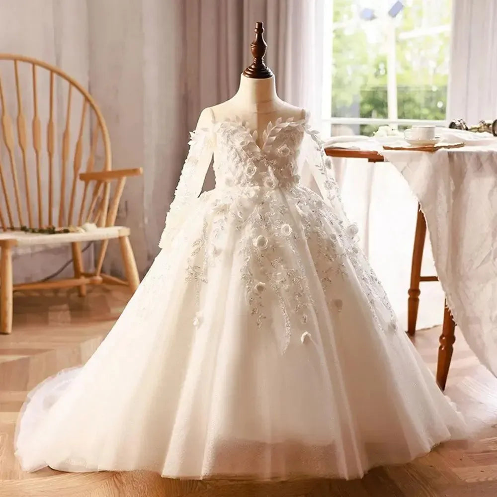 Jill Wish Luxury Dubai White Flower Girl Dresses Pearls Beads Flowers Princess J088