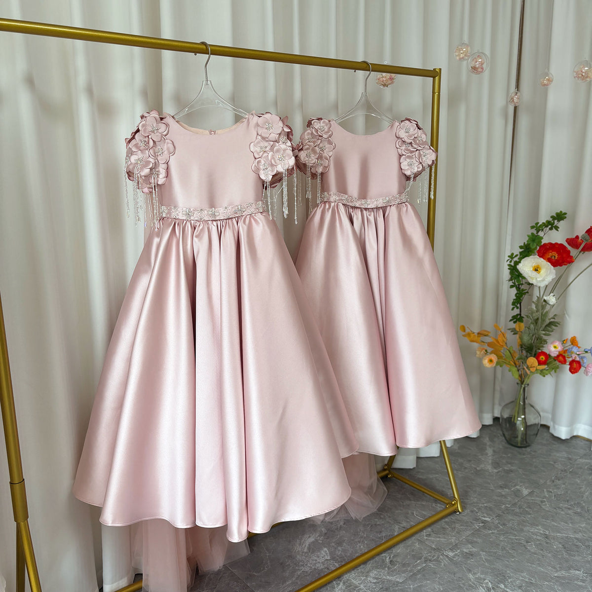 Jill Wish Luxury Dusty Pink Girl Dress Beadeds Arabic with Cap J037