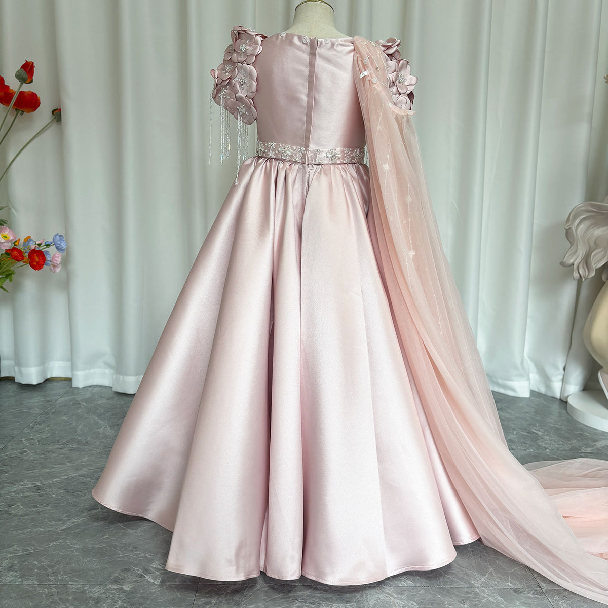 Jill Wish Luxury Dusty Pink Girl Dress Beadeds Arabic with Cap J037