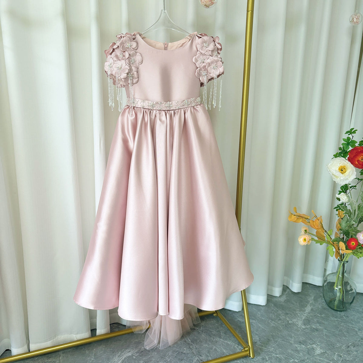 Jill Wish Luxury Dusty Pink Girl Dress Beadeds Arabic with Cap J037