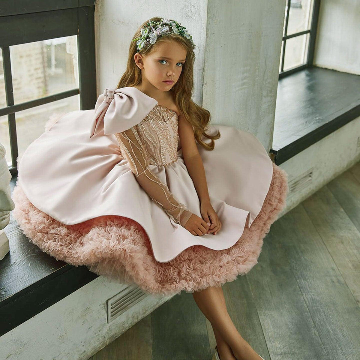 Jill Wish Luxury Elegant Pink Flower Girl Dress Bow Sequined Blue Princess J148