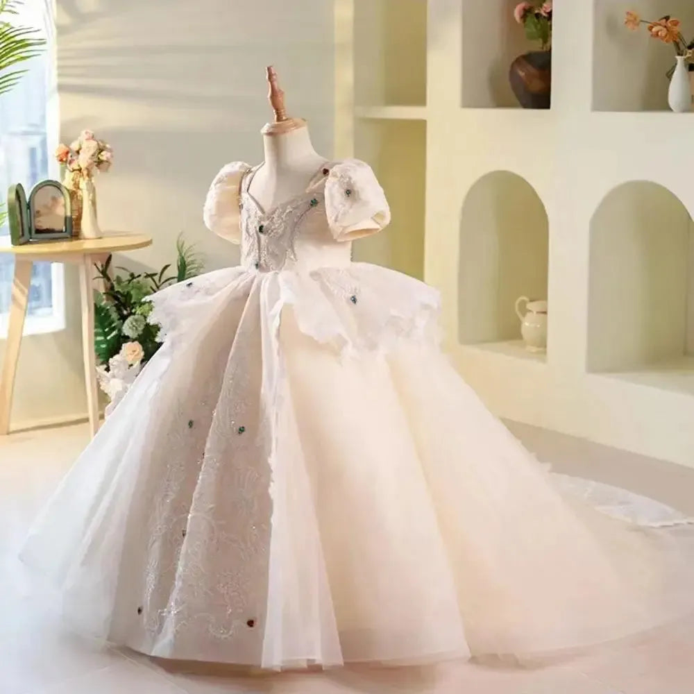 Jill Wish Luxury Elegant White Flower Girl Dress Beads Arabic Princess Kids J248
