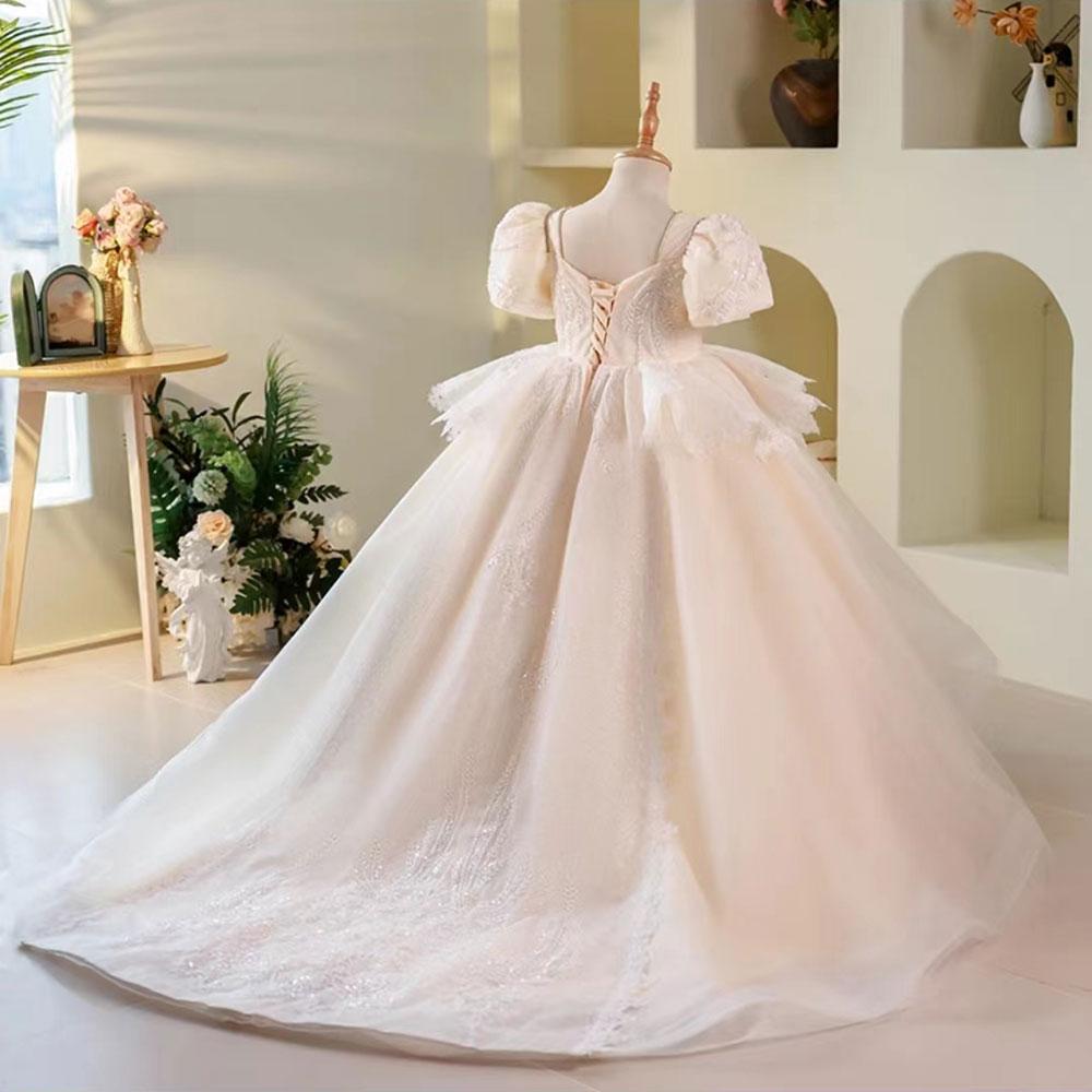 Jill Wish Luxury Elegant White Flower Girl Dress Beads Arabic Princess Kids J248