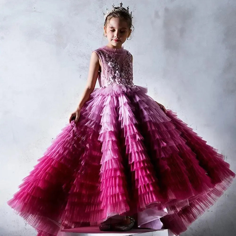 Jill Wish Luxury Fuchsia Flower Girl Dress Tiered Applique Princess A-Line J017