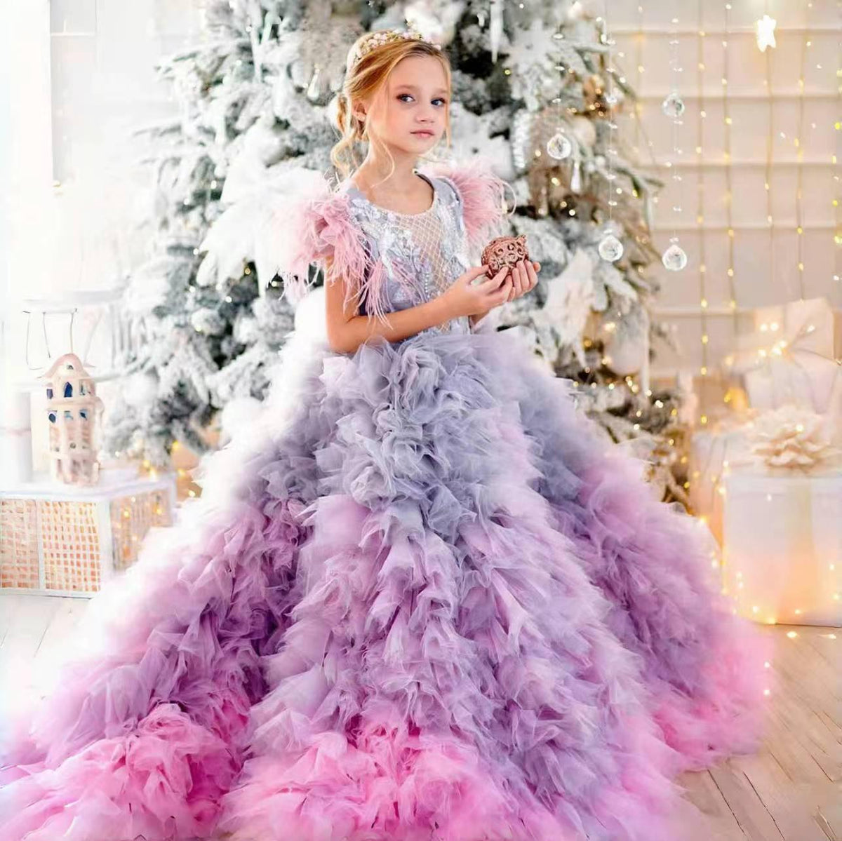 Jill Wish Luxury Girl Dress Feathers Beading Princess Prom Gown J163