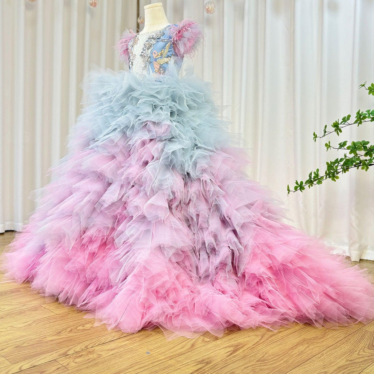 Jill Wish Luxury Girl Dress Feathers Beading Princess Prom Gown J163
