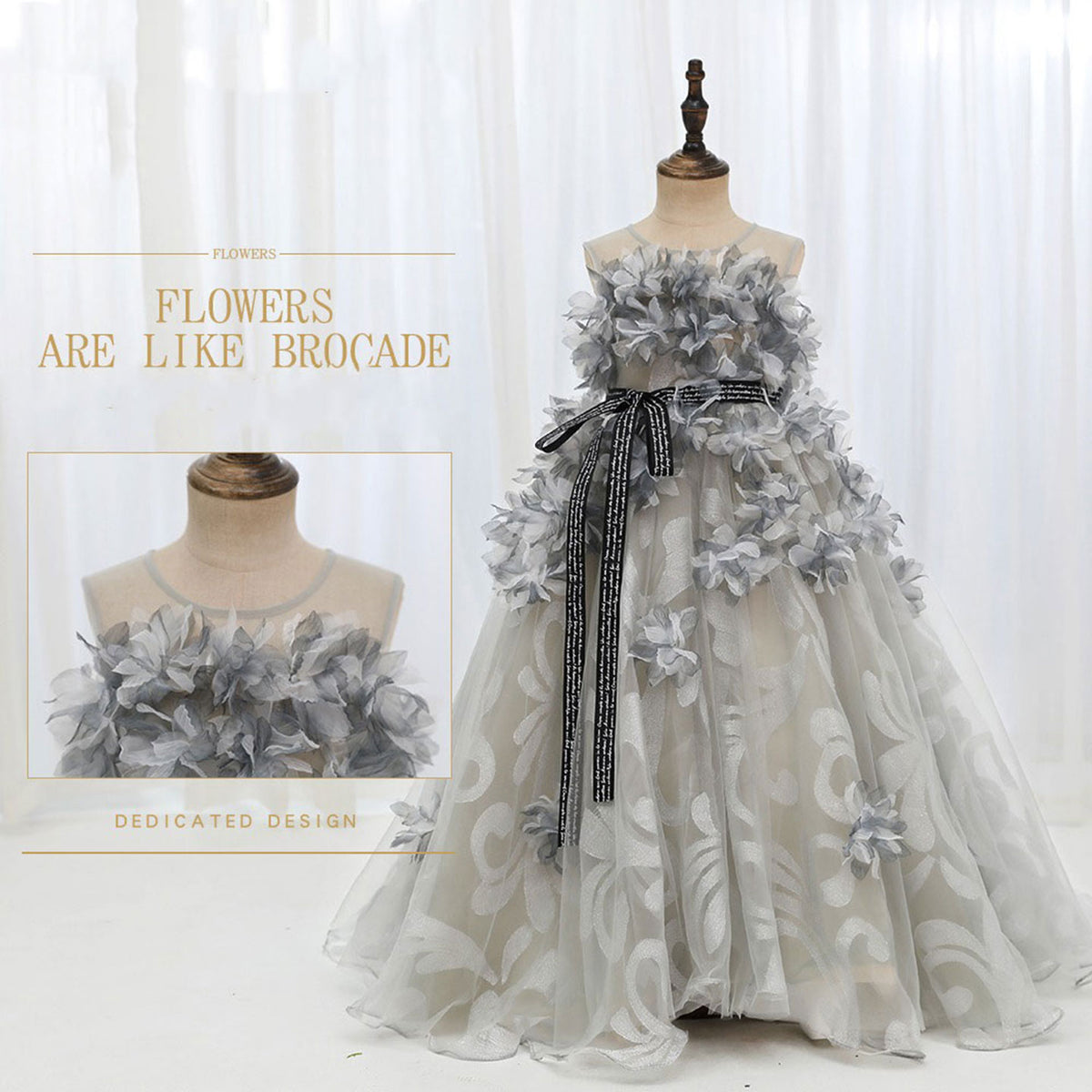 Jill Wish Luxury Gray Kids Girl Dress Handmade Flower Ribbons Princess A-Line J018