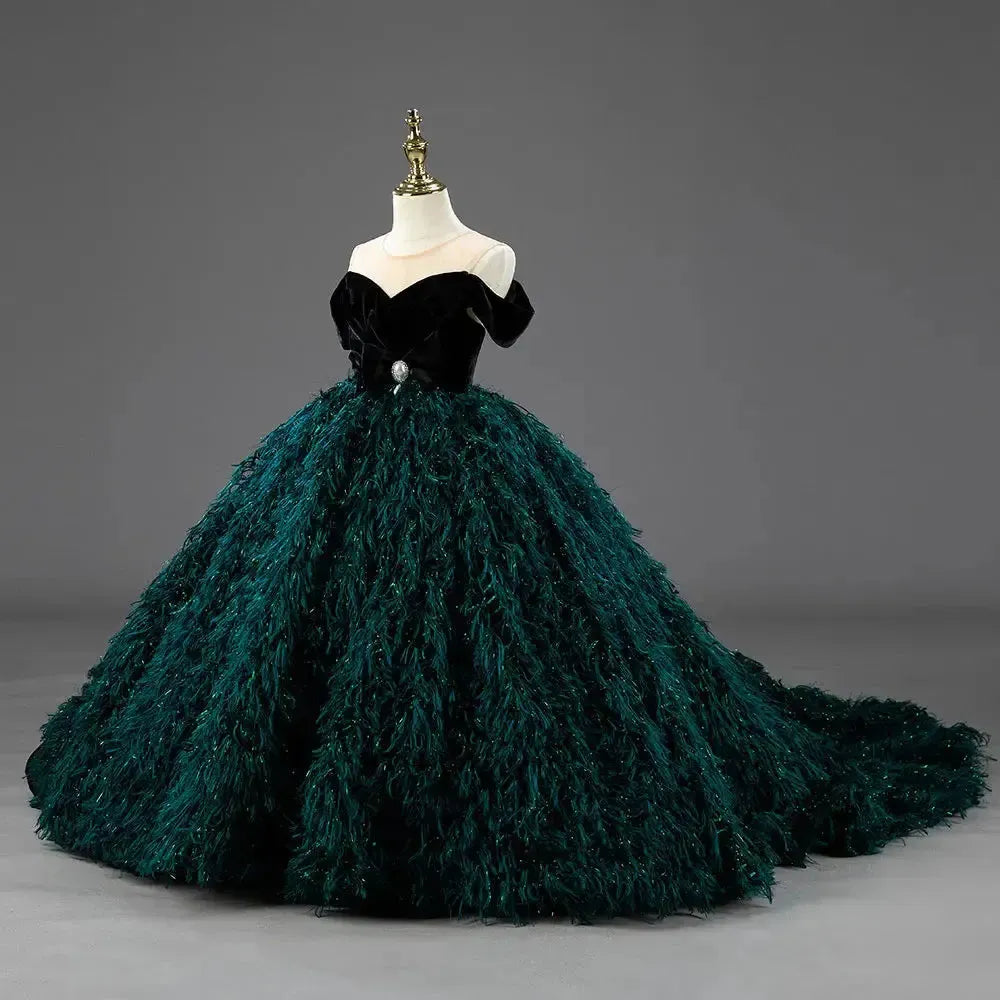 Jill Wish Luxury Green Flower Girl Dresses Dubai Feathers Ball Gown for Princess J007