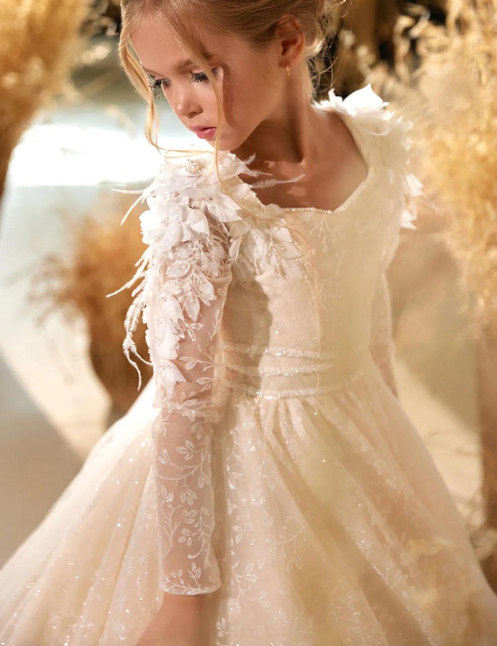 Jill Wish Luxury Ivory Flower Girl Dress Feathers Lace Bow Princess Kids J260