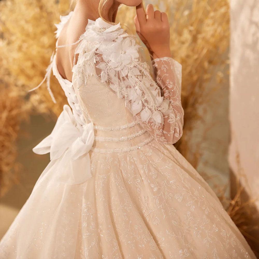 Jill Wish Luxury Ivory Flower Girl Dress Feathers Lace Bow Princess Kids J260