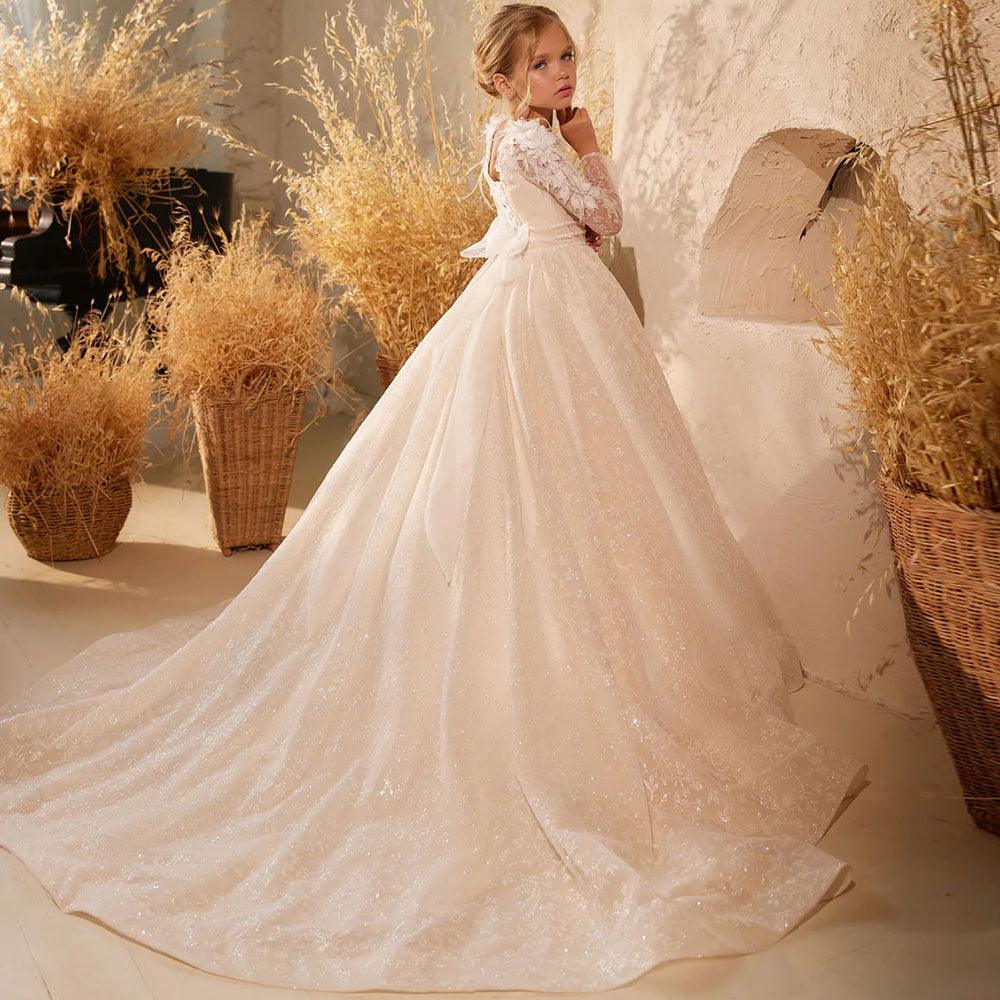 Jill Wish Luxury Ivory Flower Girl Dress Feathers Lace Bow Princess Kids J260