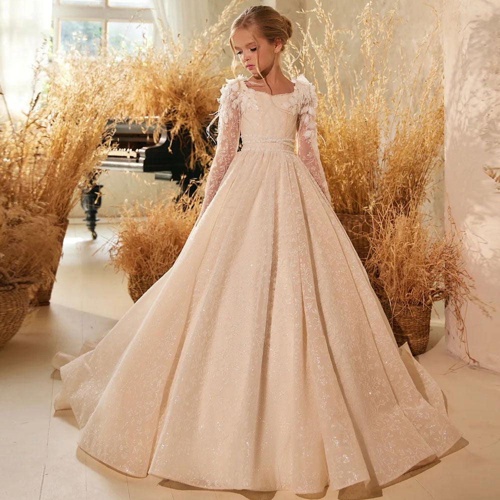 Luxury Ivory Flower Girl Dress Feathers Lace Bow Princess Kids