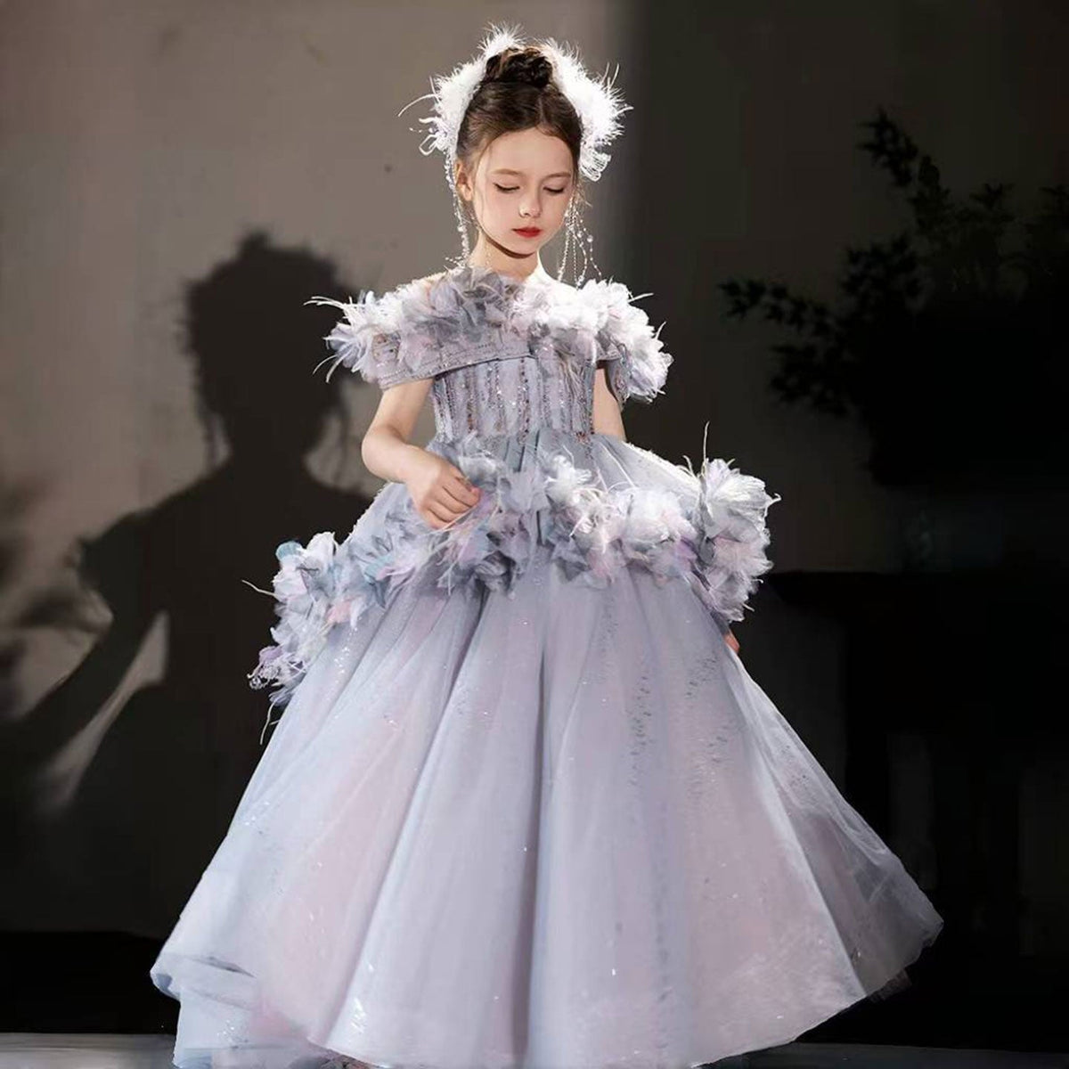 Jill Wish Luxury Lilac Flower Girl Dress Arabic Princess Kids Floor Length J083