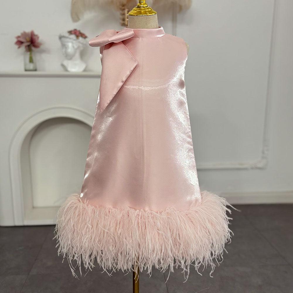 Jill Wish Luxury Mini Arabic Pink Flower Girl Dress Ostrich Feathers Bow J117