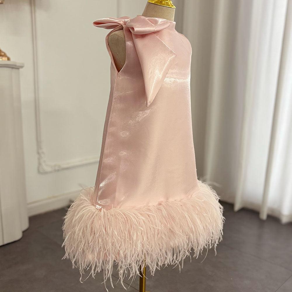 Jill Wish Luxury Mini Arabic Pink Flower Girl Dress Ostrich Feathers Bow J117