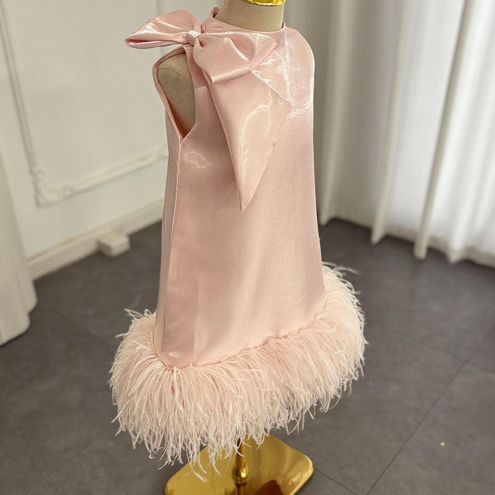 Jill Wish Luxury Mini Arabic Pink Flower Girl Dress Ostrich Feathers Bow J117
