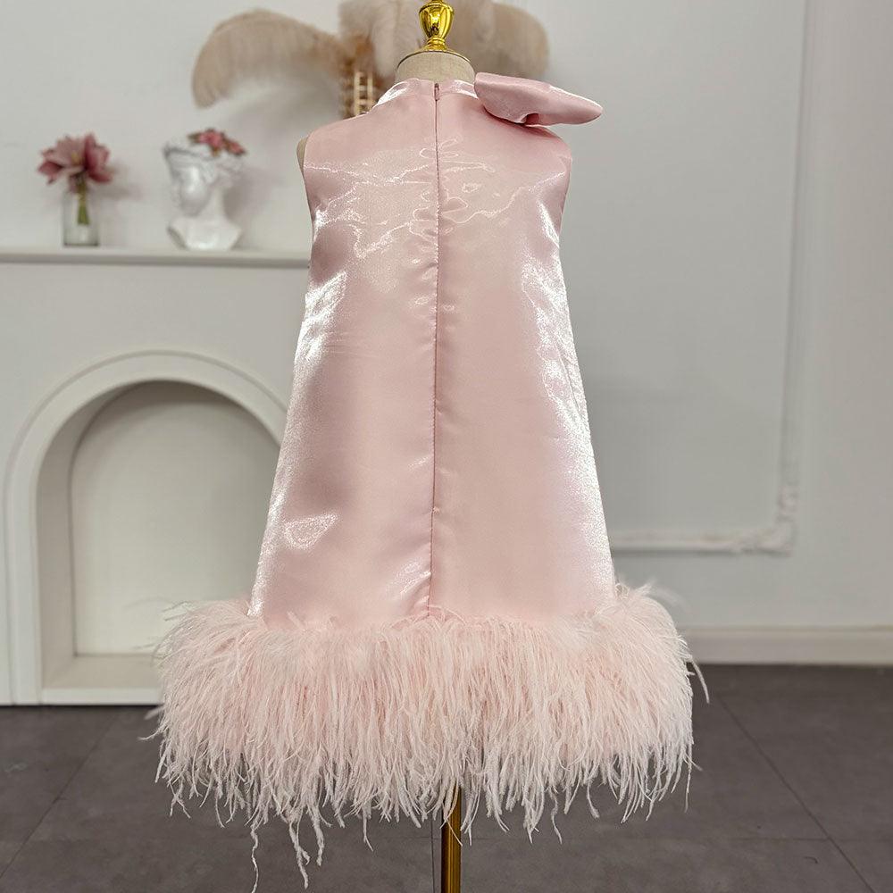 Jill Wish Luxury Mini Arabic Pink Flower Girl Dress Ostrich Feathers Bow J117